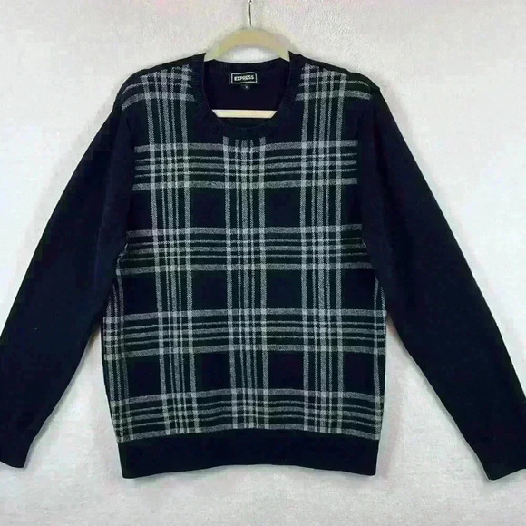 Express Men’s Sweater Size Large Navy and Gray Plaid Front 100% Cotton - Picture 1 of 6